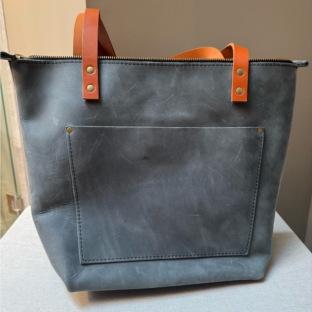 NWT Portland Leather Goods (PLG) Medium Storm Blue Grey Zippered Tote Tan Handle